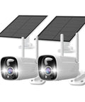 3MP Solar Wireless Outdoor Security Camera System With Color Night Vision No Monthly Fee 2-Way Talk Spotlight And Siren IP65 Weatherproof Compatible With Alexa, showing two cameras with solar panels
