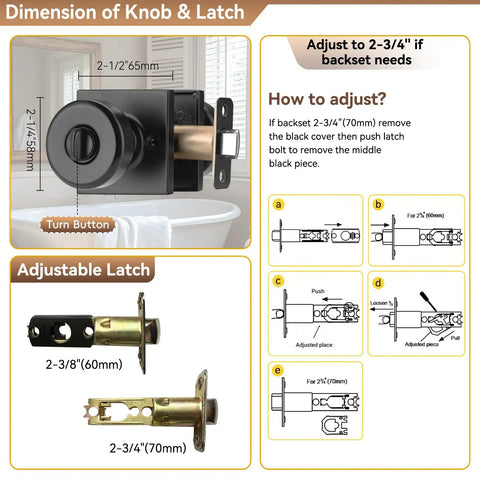Image showing dimensions and adjustable features of Slick Matte Black Privacy Door Knobs With Dang Solid Lock Function And Clean Square Aluminum Rosette, Six Pack.