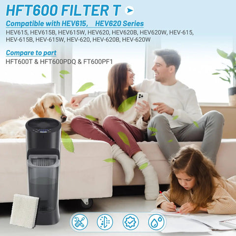 Family with dog and child near humidifier, showcasing 6 Pack Humidifier Wicking Filters HFT600T Replacement For Honeywell Tower