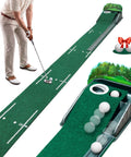 Indoor Golf Putting Mat With Realistic Green Speed And Auto Ball Return Dual Hole Pro Level Practice Mat For Home Office And Outdoor Training 8ft Length Great Golf Gift shown with golfer