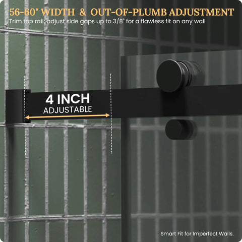 Frameless Glass Shower Door Sliding Panel With Whisper Quiet Heavy Duty Wheels And Sharp Matte Black Trim For A Fresh Modern Bathroom Vibe That Holds Up Heavy Use And Glides Dead Smooth Always, showcasing 4 inch adjustable rail for easy installation.