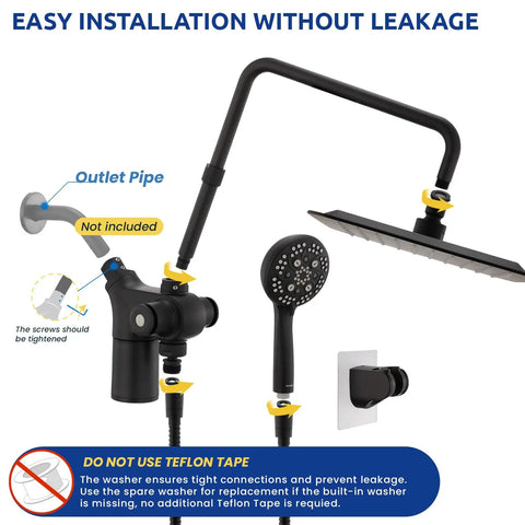 Heavy Hitter Filtered Shower Head Combo With Handheld And Huge 10 Inch Rain Spray, installation setup showing components and outlet pipe.