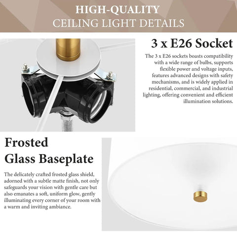 Close-up of 3 E26 sockets and frosted glass baseplate of 3 Light Gold Drum Semi Flush Mount Ceiling Light With White Fabric Shade.