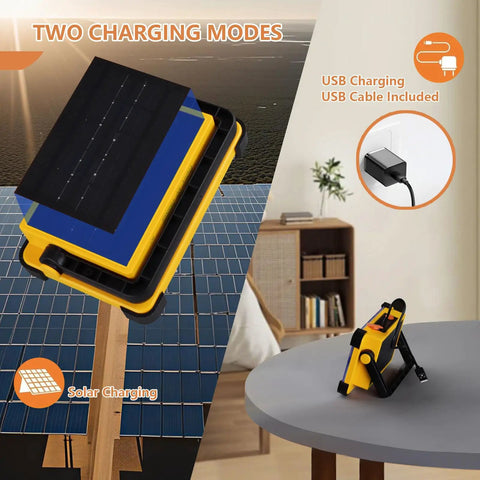 Rock Solid 120W Led Solar Work Light With Stand Blasts A Badass Ten Thousand Lumens Via Four Simple Switches Fully Rechargeable And IP65 Rated For Camping Fishing Car Detailing And Outdoor Chores Yellow with solar charging panel and USB port.