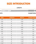 Size chart and image of a spade drill bit from the Go-To Spade Drill Bit Set for Woodworking, 13-Piece Alloy Steel Paddle Bits.