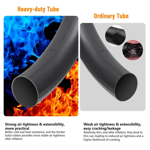 Comparison of heavy-duty and ordinary bike tubes for Two Pack Heavy Duty Bike Tubes With AV32mm Schrader Valve For 27x1 1/4 And 27x1 3/8 Tires