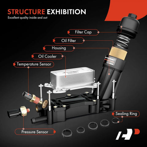 Heavy Duty Engine Oil Filter Housing Adapter Assembly With Oil Cooler And Sensor Lightweight Reinforced Glass detailed view with labeled components.