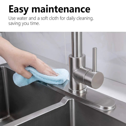 Hand cleaning a Solid Stainless Steel Sink Escutcheon Plate With Slick Brushed Nickel Finish Fits Any One Or Three Hole Kitchen Bathroom Faucet.