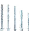 Tough As Nails Concrete Screws And Anchor Bolts 5/8 Through 6 Inch 10 Pieces Kit Set Zinc Coated Hex Head close-up view of various sizes.
