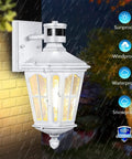 Easy Install Outdoor Motion Sensor Wall Lights With Dusk To Dawn Sensor LED Lantern Exterior Fixture, white, weatherproof, mounted on wall in rain