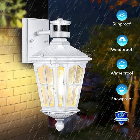 Easy Install Outdoor Motion Sensor Wall Lights With Dusk To Dawn Sensor LED Lantern Exterior Fixture, white, weatherproof, mounted on wall in rain