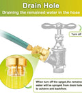 Two Pack Three Quarter Inch GHT Hose Bib Backflow Preventers Vacuum Breakers Outdoor Faucet Anti Siphon Brass Garden Hose Bib For Backflow Prevention Durable Brass Construction For Outdoor Use installed on faucet with water spraying from drain holes to prevent backflow.