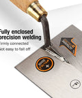 Close-up of Narrow Bucket Pro Grade Heavy Duty Brick Trowel With Wooden Handle Square Tip, showing solid forged steel blade welding detail