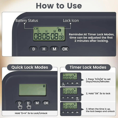 How to use Heavy Duty Timed Lock Box with clear digital display for timer and quick lock modes instructions.