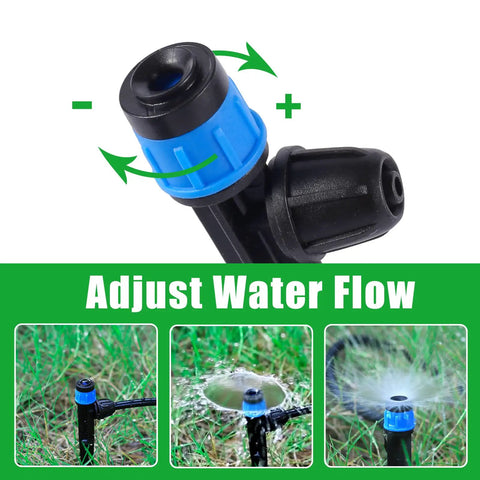 Adjustable 360 Degree Drip Emitters Sprayer For One Quarter Inch Tubing, showing adjustable water flow, 25 Piece Blue Sprayers