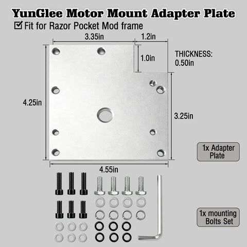 Motor Mount Adapter Plate For Razor RSF350 Electric Bike Models MY1020 Motor Upgrade Plate with bolts and dimensions shown