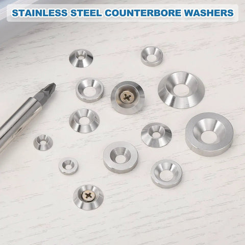 Built Tough 304 Stainless Steel Countersunk Washers With A Damn Slick Counterbore Head arranged with a screwdriver on a white surface.