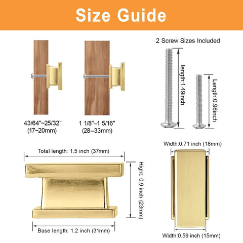 Size guide for Top Shelf 20 Pack Square Cabinet Knobs Brushed Gold, showing dimensions and screw sizes for installation.