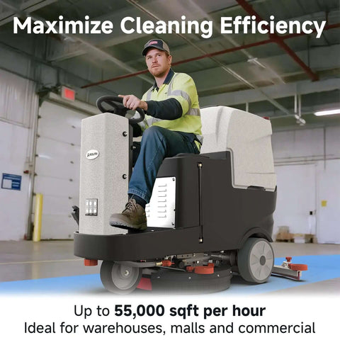 Worker operating Micro Ride On Floor Scrubber Dryer Kit 22 Inch Cleaning Path 25 Gallon Capacity Up To 55,000 Sq Ft Per Hour