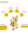 Concealed Hinge For 13 To 16 Mm Wood Thickness, 180 Degree Invisible Hinge By Soss, Satin Brass Plated, SOSS 101 in satin brass