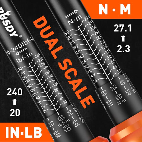 Quarter Inch Torque Wrench Set With 20 To 240 In-Lb Range, Three Inch Extension Bar, One Quarter To Three Eighths Inch Adapter, Cr-V Pro-Grade Inch-Pound Wrenches For Bike Motorcycle And Small Engine Repair, showing torque scales