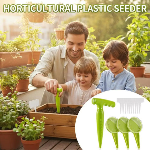 Man and children planting in garden using 14 Pcs Seed Dispenser Set for Garden Hand Planter and Seeder Tool with Dibber.