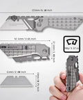Built Different Cnc Titanium Folding Utility Knife With Secure Button Lock Quick Swap Razor Blades Heavy Duty Steel Core And Rugged Pocket Clip For Daily Work in hand with dimensions