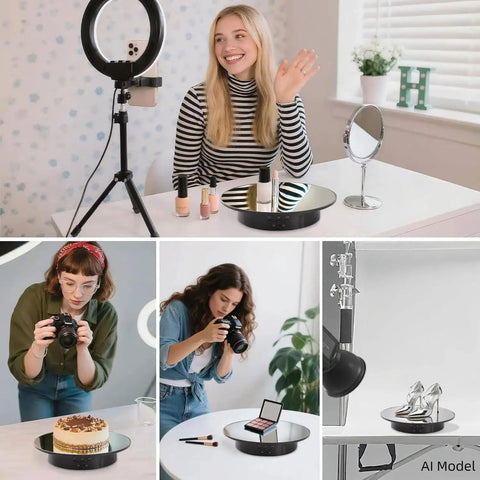 Smooth Moves Motorized Rotating Display Turntable Platform 7.87 Inch Black in use for beauty products and photoshoots.