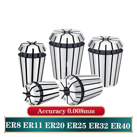 Heavy Duty Spring Collet Assortment Pack Featuring Er11 Er16 Er20 Er25 And Er32 With Tight 0.008 Millimeter Precision, displayed in various sizes.