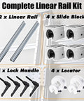 Complete linear rail kit with 2 rails, 4 slide blocks, lock handles, and locators