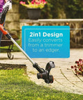 40V Max Cordless Sweeper And String Trimmer All In One With Battery And Charger Included No Wires No Fuss Convenience Auto Feed Spool Power Drive High Torque For Fast Clean Cuts Low Noise Run Up To 130 MPH Debris Clearing shown converting from trimmer to edger on lawn