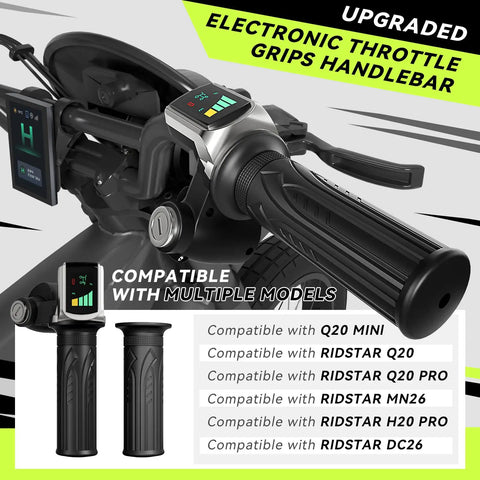48V Ebike Half Twist Throttle With LED Display and Key Lock, shown with compatibility list for multiple models.