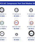 AC System Compressor Gasket Seal Kit 60 Piece Port Seal Washer Set diagram with dimensions and part numbers for air conditioning repair.