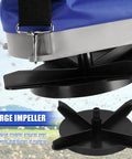 Close-up of large impeller on 25Lb Seed Spreader With Waterproof Bag And Precise Gears For Accurate Lawn Seeding, Blue Color