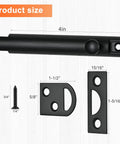Heavy Duty Solid Brass Surface Door Bolt Four Inch Black Finish Smooth Glide Concealed Flush Latch with sizes outlined.