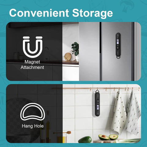 Ultra Fast Digital Meat Thermometer with backlight hanging on fridge and wall, showing magnet and hang hole storage options.