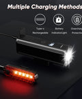Beefed Up 1200 Lumen Bike Light Set with Front Headlight and Rear Taillight showing charging methods and LED display