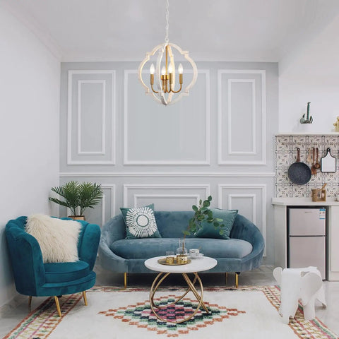 Modern Farmhouse 4 Light Wood Chandelier In Distressed White And Gold With Orb Globe Cage Pendant Lighting For Dining Room Kitchen Island And Foyer For Any Space in stylish living room setting.