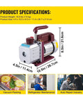 Heavy Duty 1/3Hp Hvac Vacuum Pump With 4.5 Cfm Single Stage Rotary Vane For Air Conditioning Refrigerant Recovery And Leak Testing Ultimate 5Pa Performance specifications and dimensions.