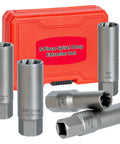 Deep Bolt Extractor Kit Five Piece Set For Spark Plugs Bolts Lug Nuts Studs Screws With Deep Well Design displayed with red case