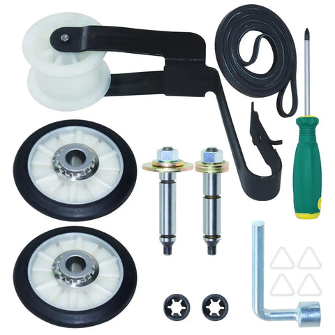 Heavy Duty Dryer Repair Kit For Whirlpool And Kenmore Models includes drum rollers, idler pulley, drive belt, and tools for repairs.