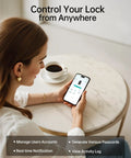 User controlling Slick Wifi Smart Lock For Front Door Keyless Entry Electronic Deadbolt from smartphone on a table.