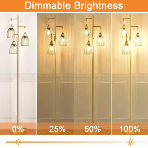 Dimmable Floor Lamp With Stepless Dimming From 0 To 100 Percent, Industrial Gold Tree Standing Lamp With 3 Teardrop Cage Heads