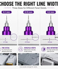 Professional Panel Line Scriber Tool Designed With Two Hella Accurate 0.1 Millimeter Tungsten Steel Blades For Flawless Model Kit Engraving Smooth Surface Detailing And Dope Quality Plastic Hobby Crafting Including Bonus Spare Blade showing 0.1 mm, 0.15 mm, and 0.2 mm blades.