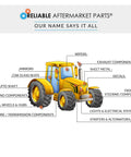 Illustration of a labeled yellow tractor highlighting various aftermarket parts like mirrors, decals, and components.