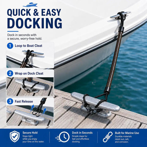 Two Pack Bungee Dock Line For Blazer Bay 2700 Hybrid Bay Marine Mooring Rope attached to dock cleat for secure docking