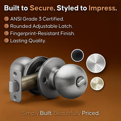 Privacy Interior Door Knob Set With Turn Button Lock No Keys Needed Heavy Duty Satin Stainless Reversible ANSI Grade 3