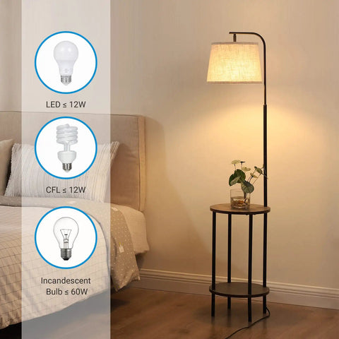Space Saving Floor Lamp With Attached End Tables Two Handy Round Tables For Bedroom Living Room Or Office Adjustable Reading Lamp Farmhouse Style Nightstand Light beside bed with three bulb options.