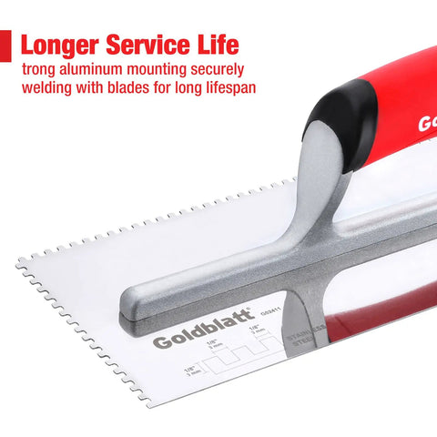 Detailed view of Two-Piece Notch Trowel Set With Stainless Steel Blades And Soft Grip Handle, highlighting aluminum mount