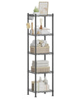 Tiny Bathroom Game Changer Five Tier Storage Rack Super Compact Organizer Hella Sturdy Powder Coated Steel Build Slim Floor Stand with towels and decor.